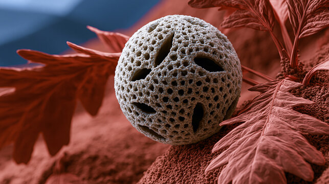 A spherical pollen grain from Quercus oak shows aperture furrows crossing its reticulate exine surface, the sculptured sporopollenin wall ornamented with columellar bacula forming a mesh under scann