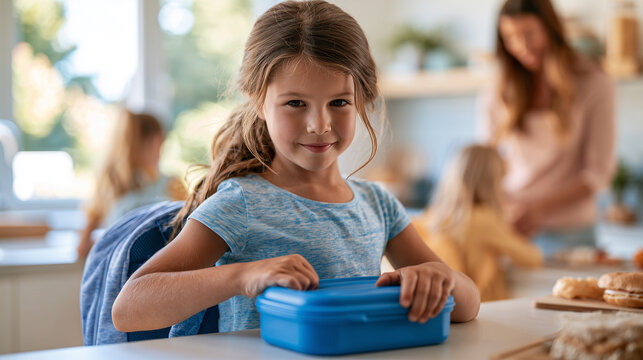 Smiling schoolgirl holding reusable lunch box before school with family preparing healthy morning routine