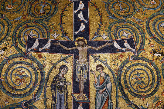 Mosaic showing Christ on the Cross surrounded by the Tree of Life in San Clemente Basilica in Rome, Italy