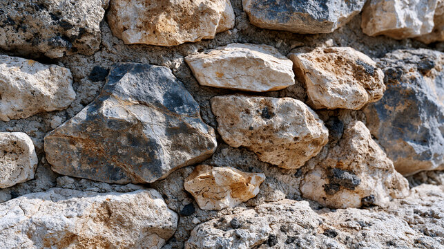 Ancient Roman opus incertum wall facing shows irregular limestone and tufa rubble set in pozzolanic mortar, the hydraulic cement matrix still binding after two millennia, aggregate inclusions of vol