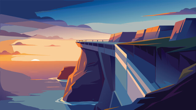 Digital landscape illustration of a modern clifftop lookout at sunset with landscape architecture seascape illustration sunlight wilderness peaceful background wallpaper adventure outdoors