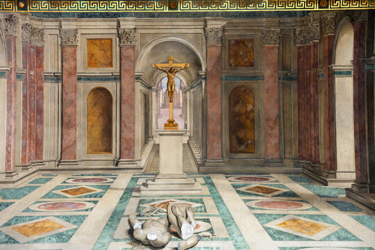 Exploration of a High Renaissance Vatican chamber with classical forms and Christian themes by Raphael's workshop in Rome, Italy