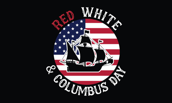 Red White and Columbus Day - American flag circle with a historic sailing ship silhouette