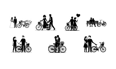 Obraz premium Romantic Couple with Bicycle Black Silhouette Vector Set On Png Background, couple silhouette, bicycle silhouette, romantic couple, bicycle, love, romance, embrace, hug, holding hands, tandem bicycle,