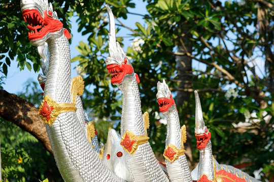 Traditional dragon sculptures at Wat Phramahathat Rajbovoravihane in Luang Prabang, Laos showcase unique craftsmanship and artistry