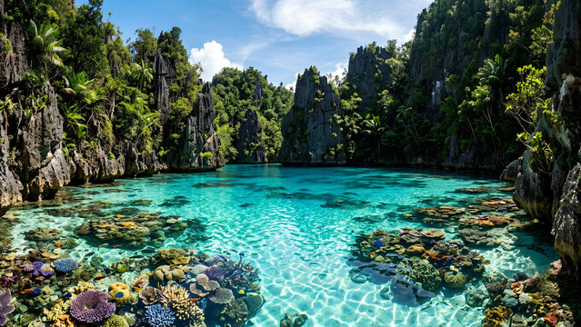 A secret blue lagoon concealed between towering rainforest-covered limestone cliffs in Raja Ampat