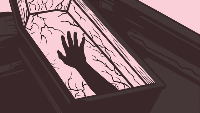 Silhouette of hand reaching out from inside of wooden coffin with silhouette supernatural underground afterlife nightmare reaching chilling sinister