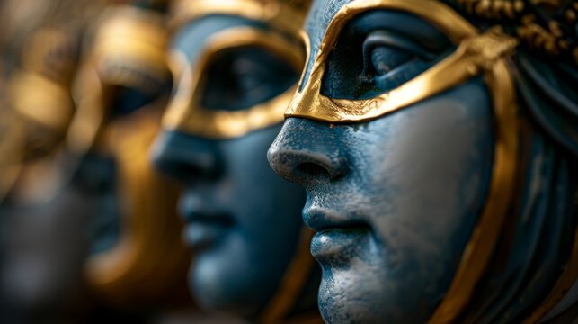 Colorful masks with gold accents are arranged in a row, showcasing artistic craftsmanship and design at an exhibit