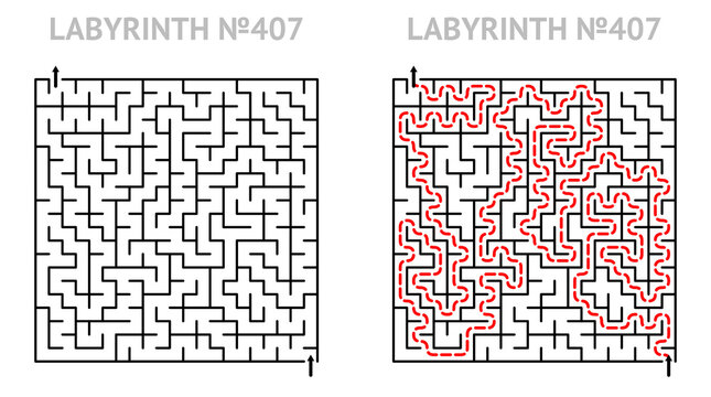 Solved maze vector 21x21 with answer. Labyrinth game grid for teens. Maze challenge with answers. Medium level.