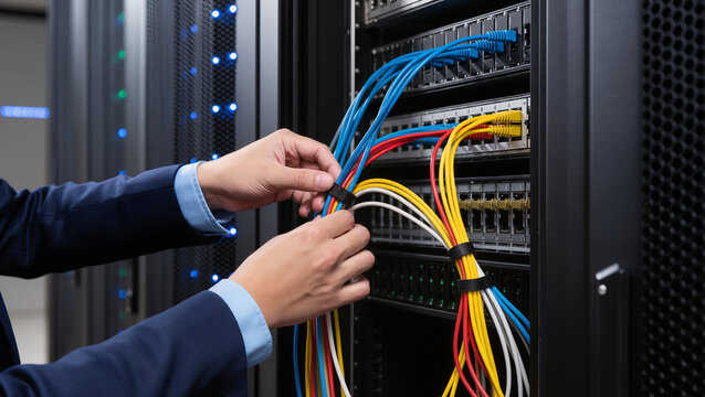 Network administrator managing server cables, Hands connecting ethernet patch cords in rack, Datacenter hardware maintenance process, Server room cable management close-up