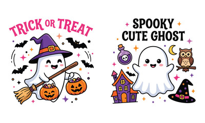 Fototapeta premium Charming halloween ghost illustrations with witch and haunted house elements