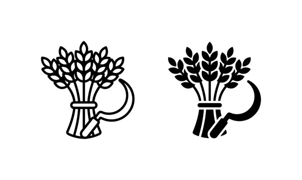 Wheat Sheaf and Sickle Icons: Harvest, Agriculture, and Grain Symbolism for Food Industry and Farming Concepts