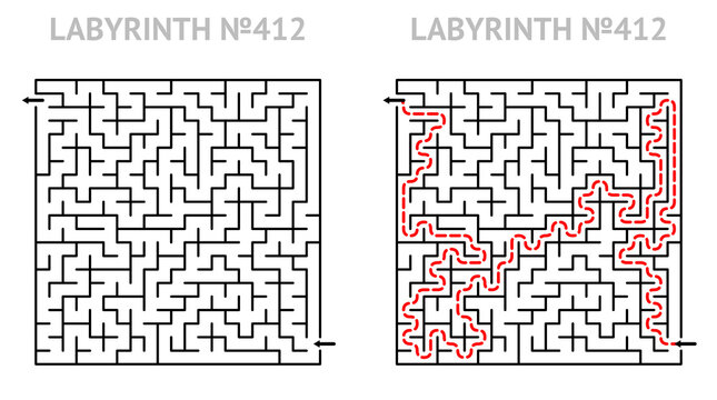 Solved maze vector 21x21 with answer. Labyrinth game grid for teens. Maze challenge with answers. Medium level.
