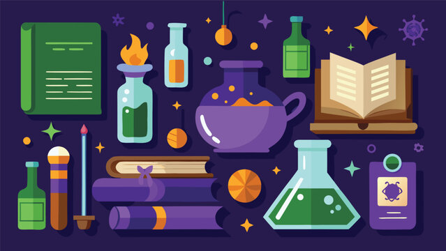 Set of fantasy alchemy lab equipment with potion vials burning flame and old manuscripts fantasy art alchemy science potion bottle flat design magical equipment wizard lab chemistry science