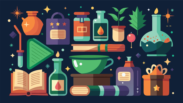 Flat illustration of magical apothecary alchemy elements with potion bottles and ancient books alchemy set alchemy lab potion bottle alchemy art fantasy art flat design potion craft magic book