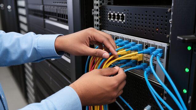 Network administrator managing server cables, Hands connecting ethernet patch cords in rack, Datacenter hardware maintenance process, Server room cable management close-up