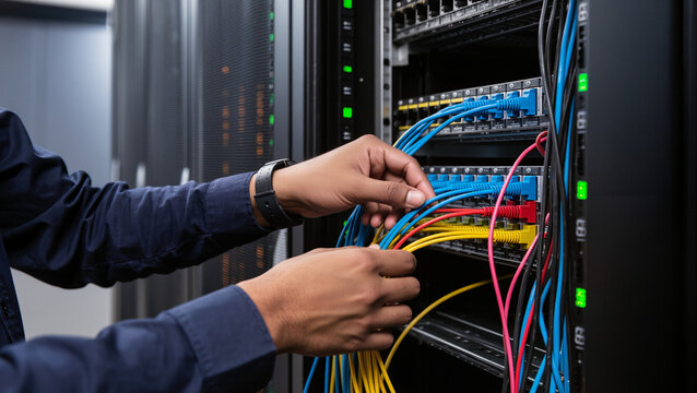 Network administrator managing server cables, Hands connecting ethernet patch cords in rack, Datacenter hardware maintenance process, Server room cable management close-up