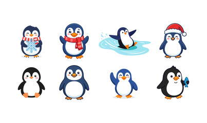 Cute Cartoon Penguin Flat Color Vector Illustration Set, penguin, cartoon penguin, cute penguin, baby penguin, penguin character, penguin vector, bird, arctic animal, antarctic, winter, snow, ice,  © TalalAhmad