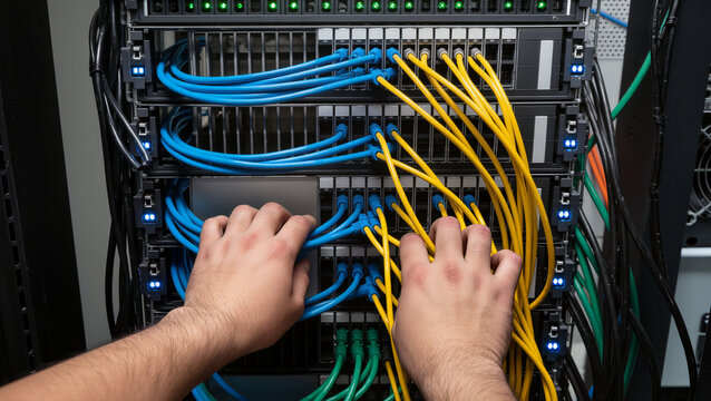 Network administrator managing server cables, Hands connecting ethernet patch cords in rack, Datacenter hardware maintenance process, Server room cable management close-up