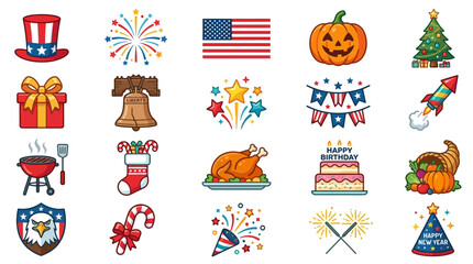Fototapeta premium A colorful illustration of various holiday icons and symbols arranged in rows on a white background with a pumpkin, cake, fireworks, and gift.
