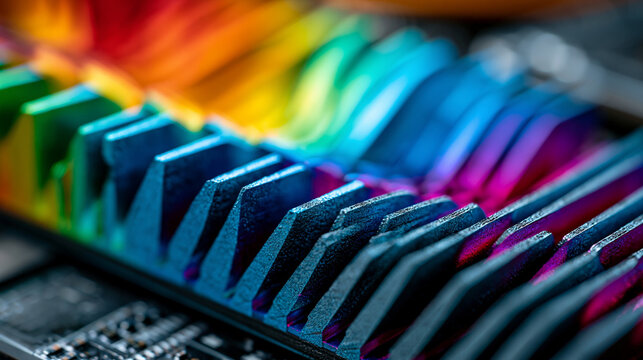 Infrared thermal gradient patterns abstract across an aluminum heatsink array, cooling fins conducting warmth away from a processor contact plate, anodized surface oxide layer uniform across the ext