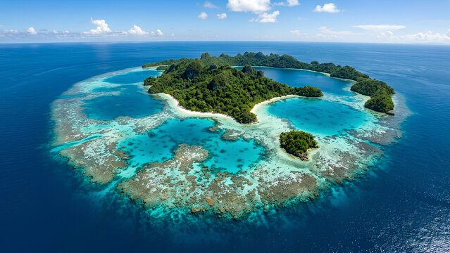 A magnificent coral atoll in Raja Ampat viewed from high above, revealing intricate reef formations