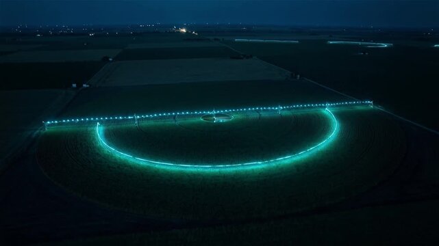 Aerial night shot of a futuristic center pivot irrigation system with cyan neon lights moving across a farm field, showcasing smart agriculture technology.