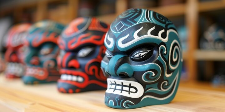 Colorful handcrafted masks displayed in a vibrant artisan shop in Mexico