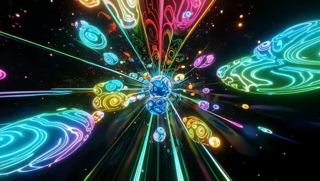 A state of the art high resolution 4K digital fluid animation displaying thousands of glowing multicolored neon particles floating and swirling in a cosmic cloud like formation creating a futuristic