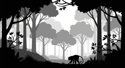 Monochrome Jungle Landscape Featuring a Silhouette of a Monkey Exploring a Misty Tropical Rainforest Environment