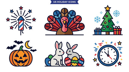 Fototapeta premium US holiday icons featuring a patriotic bird, colorful turkey, decorated tree, jack-o-lantern, festive rabbits, and a clock.