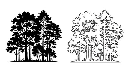 Tree silhouettes and line art on a white background © FARISHTA FARIA