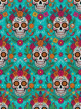 Vibrant mexican sugar skull pattern with flowers and chili peppers