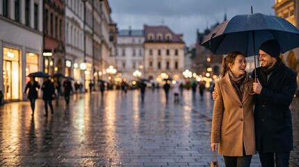 Fototapeta premium Young couple sharing umbrella in city rain. Romantic partners walking together under downpour on wet urban street.