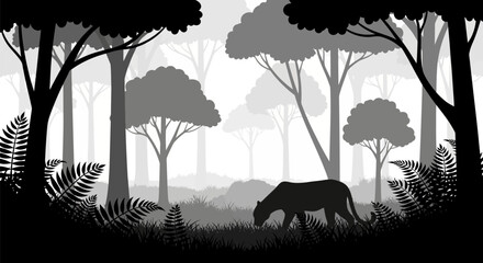 Silhouetted big cat gracefully prowls through a misty, ancient forest, surrounded by ferns and tall trees, evoking a sense of wild adventure and natural beauty © reyro22