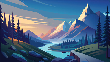 Mountain landscape at sunset with winding river and pine forest mountain landscape wilderness tranquil environment geography adventure exploration majestic conservation panoramic © MAX