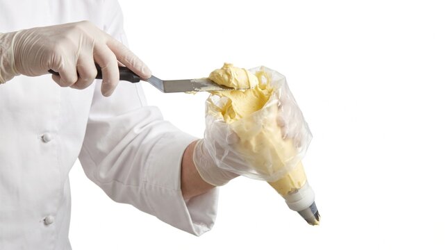Chef decorates cake with icing using knife and piping bag carefully