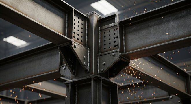 Steel beam construction, industrial workshop, sparks flying, heavy engineering structure