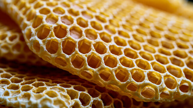 Raw beeswax honeycomb foundation shows the precise hexagonal geometry pressed into foundation sheets, cell walls measuring uniform thickness throughout the embossed matrix, trace propolis resin depo