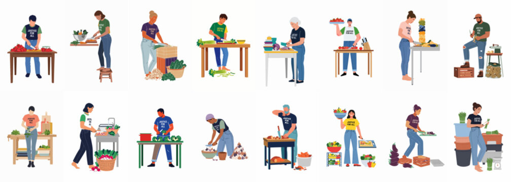 A diverse group of people wearing Justice for All t-shirts preparing fresh vegetables in a community kitchen setting, flat vector illustration collection.