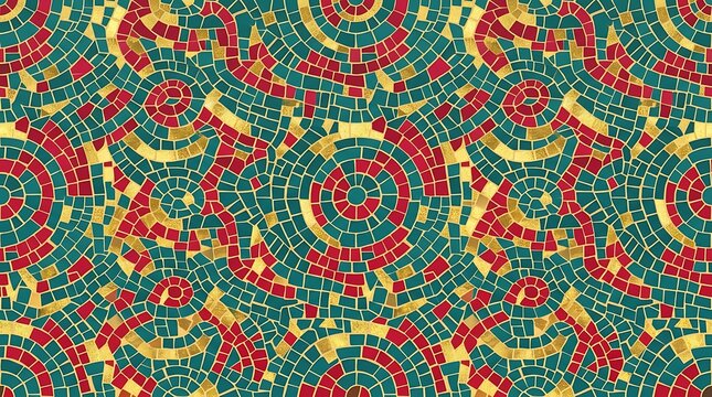 Seamless circular mosaic tile pattern with red teal and gold accents