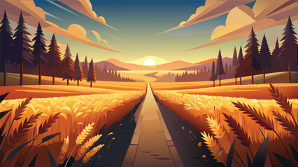 Idyllic golden wheat field at sunset with path through scenic rural countryside landscape agriculture sunlight peaceful environment tranquility beautiful panoramic farmland © MAX