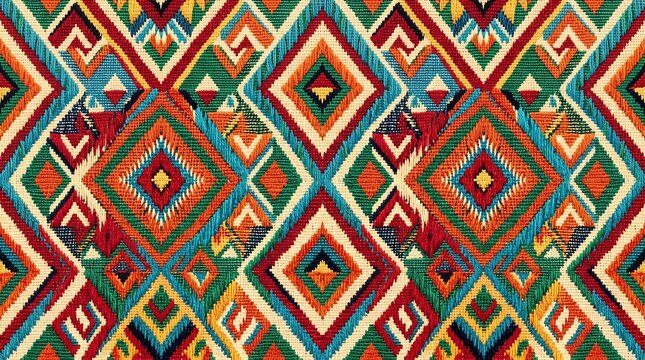 Vibrant ethnic woven textile with diamond geometric pattern