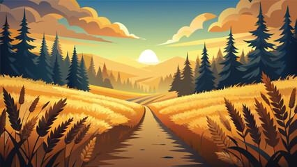 Picturesque golden wheat field under sunset sky with path leading to distant trees landscape countryside agriculture peaceful sunlight tranquility beautiful environment panoramic farmland © MAX