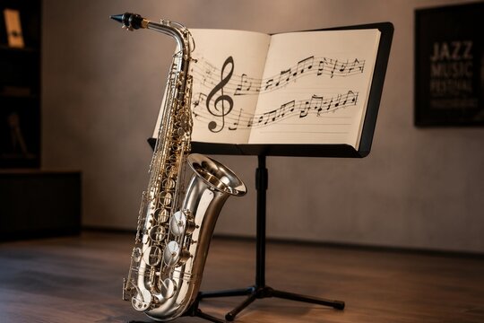 Polished silver saxophone leaning against music stand with sheet music.