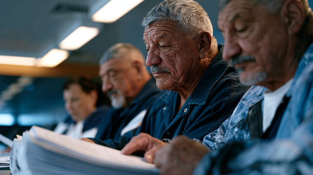 Weathered parole board members seated at a long institutional table study a thick rehabilitation file as fluorescent lighting hums overhead in a state correctional facility conference room during an