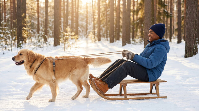 Adolescent boy with dog in snow sled, joyful and relaxed mood, warm winter light
