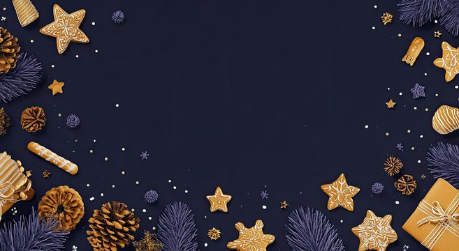 Festive dark blue frame with gingerbread cookies, pinecones, and ornaments