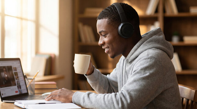 Adolescent studying focused with headphones and coffee in a cozy indoor setting