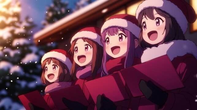Girls in Santa hats sing carols joyfully, holding bright gifts during a snowy Christmas celebration